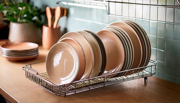 a close up of clean beige ceramic plates arranged neatly in a metal dish drying rack inside a kitchen concept of kitchen organization and domestic cleanliness