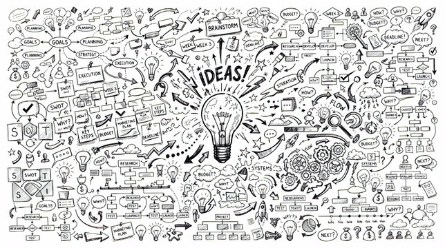 Hand draw ideas brainstorming mind map concept and creative strategy doodle set
