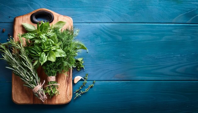 fresh culinary herbs bundle on wooden cutting board ready for cooking and food preparation