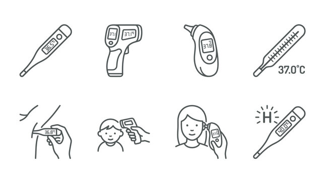 Digital and analog thermometer icons for temperature measurement