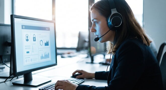 Young female customer support agent wearing headset while working on computer in modern office, analyzing data and security metrics on screen