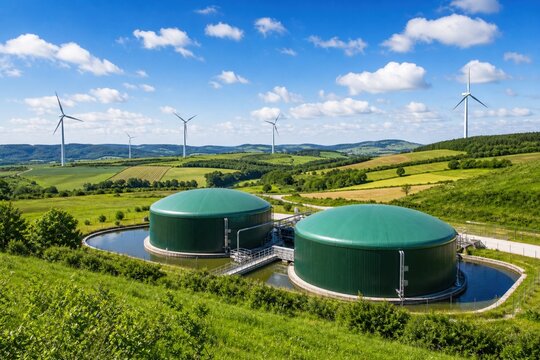 Biogas plant with green dome storage tanks and wind turbines in a rolling green landscape under a blue sky with clouds, representing sustainable renewable energy production