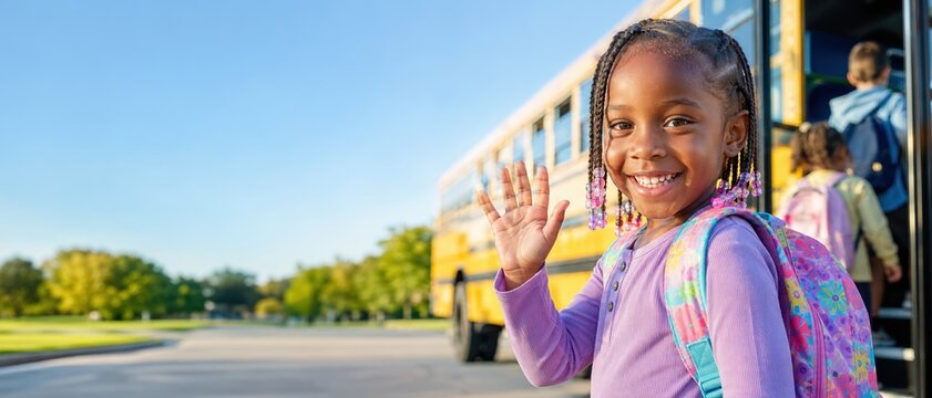 smiling schoolgirl waving and looking at camera beside yellow school bus with floral backpack on sunny morning