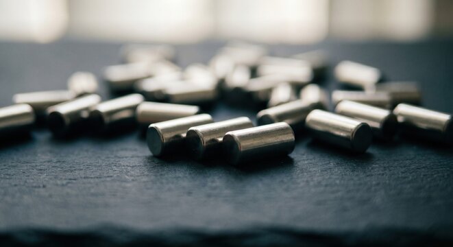 Small cylindrical metal roller bearing dowel pins scattered across a dark textured stone table under soft natural lighting
