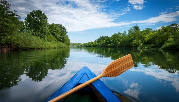 a view from a rowboat showing a blue tipped wooden oar over a calm river reflecting green trees and a cloudy blue sky concept of peaceful outdoor recreation and boating