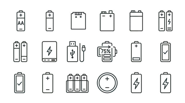 Collection of various battery icons for power and energy concepts