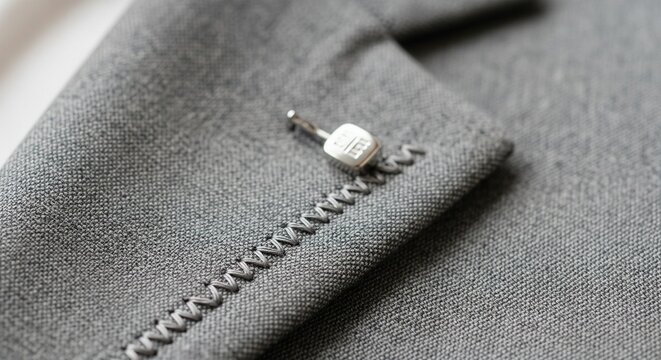 Close-up of a grey suit jacket lapel with a small metal pin