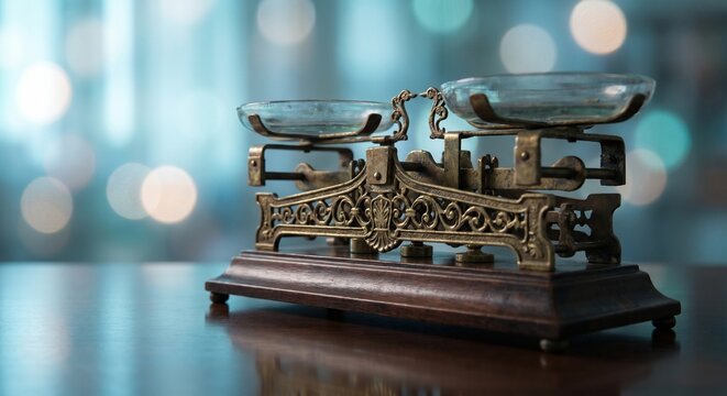 Vintage brass balance scale with glass pans sits on a polished wooden table, symbolizing justice, equality, and legal measurement in a professional setting