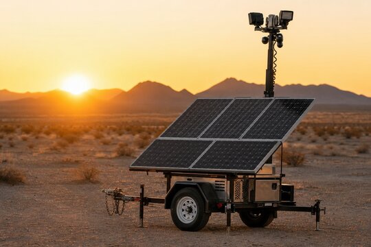 Mobile solar powered surveillance trailer with security cameras and floodlights stands in a desert landscape during a golden sunset with mountains in the distance