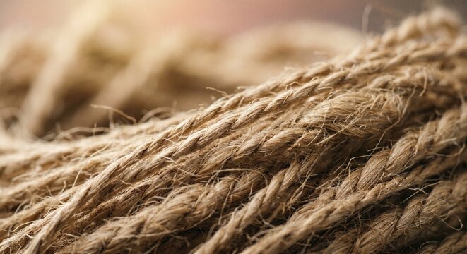 Natural brown hemp rope close up view showing the detailed texture of the twisted organic fibers in soft warm lighting