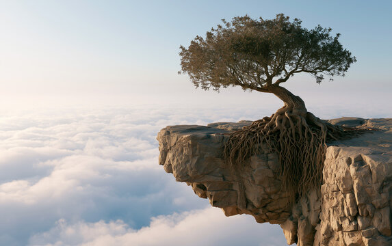 Lone tree cliff sky root rock nature landscape survival resilience cloud. single tree with exposed roots grows on rocky cliff edge above clouds