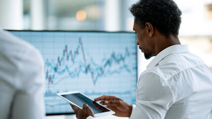 Fototapeta premium Bright rear view of a trader holding a digital tablet before a light virtual screen with financial chart graphs and candlesticks faceless composition trading and investment