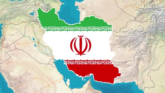 Iran map and flag with appearing red sanctions stamps animation - Geography map animated for explainer video documentary