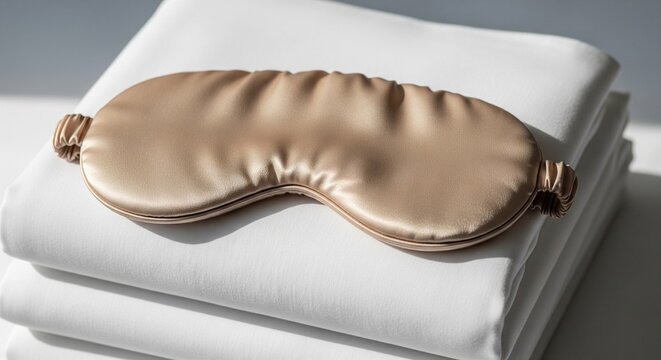 A luxury beige silk sleep mask resting on top of a neat stack of folded white bed sheets under soft, clean lighting