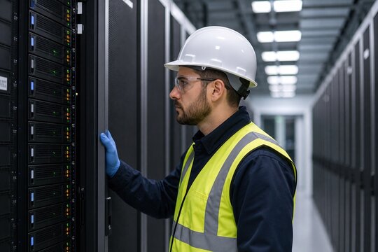 Male IT engineer wearing safety helmet and reflective vest inspecting server racks in a modern data center facility