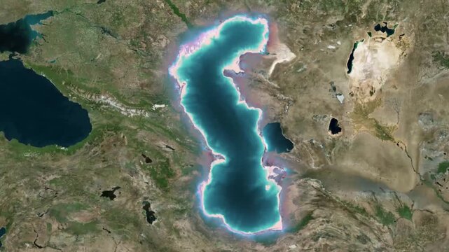 Map of Caspian Sea with animated border - Geography map animated for explainer video documentary.