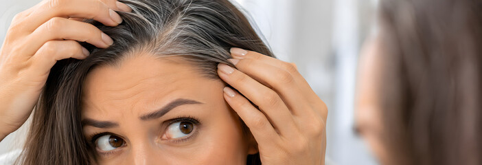 Naklejka premium Woman checking gray hair roots in mirror aging concept