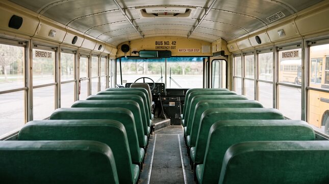 Rows of green passenger seats inside an empty parked yellow school bus during the morning back to school season