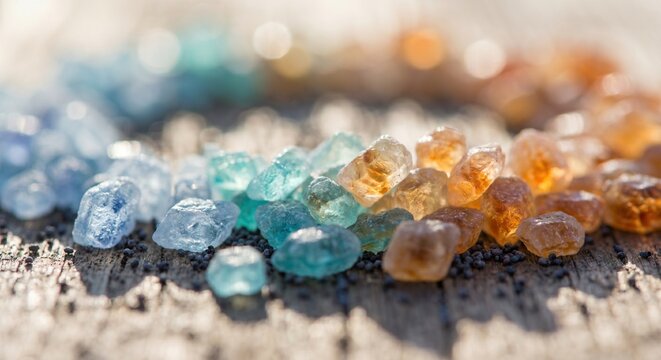 Colorful raw gemstone crystals of blue apatite and amber citrine scattered on a rustic wooden surface with small black poppy seeds in soft natural sunlight