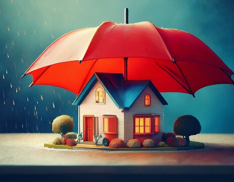 a whimsical representation of a house protected by a red umbrella symbolizing safety and security in real estate and insurance concepts