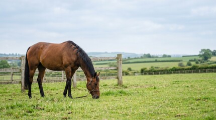 Obraz premium Brown horse grazing in green pasture under cloudy sky 