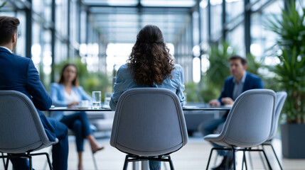 Obraz premium Bright over the shoulder view of three colleagues collaborating in a modern office meeting faces turned away faceless composition productive discussion teamwork