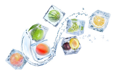 Obraz premium Fresh fruits in ice cubes and water splash in air against white background
