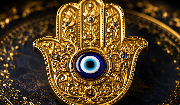 golden hamsa hand with evil eye amulet
