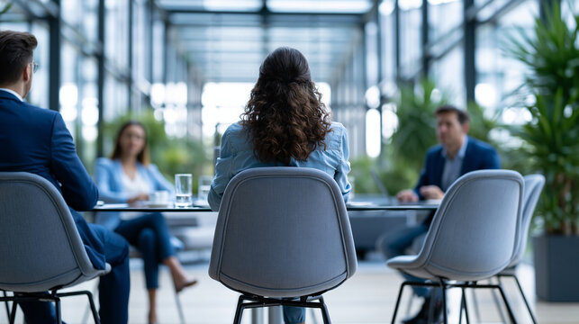 Bright over the shoulder view of three colleagues collaborating in a modern office meeting faces turned away faceless composition productive discussion teamwork