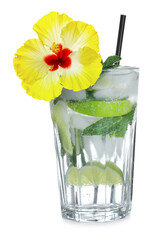 Refreshing cocktail in glass decorated with hibiscus flower isolated on white © New Africa