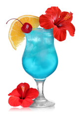 Cocktail in glass, hibiscus flowers, maraschino cherry and orange slice isolated on white © New Africa