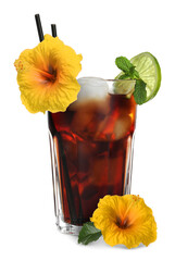 Cocktail in glass decorated with lime slice and hibiscus flowers isolated on white © New Africa