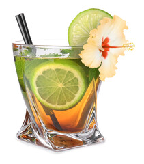 Cocktail in glass decorated with hibiscus flower and lime slice isolated on white © New Africa