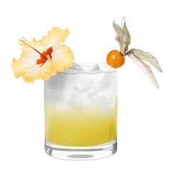 Cocktail in glass decorated with hibiscus flower and physalis fruit isolated on white © New Africa