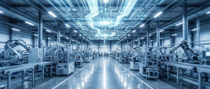 Automated smart factory with robotic arms operating on assembly lines integrated with digital circuit overlay representing industrial internet of things and advanced manufacturing technology
