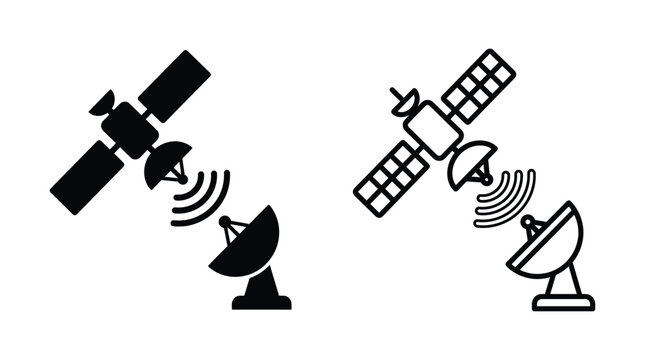 Satellite And Dish Antenna Icons Black Silhouette On White Background