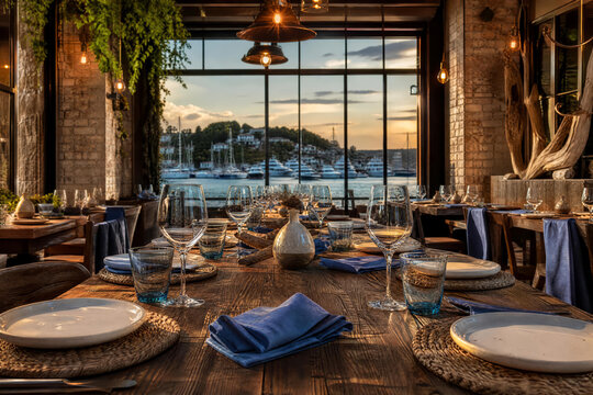 Contemporary Cafe Dining Coastal Marina Room With Gold Reflections And Greenery