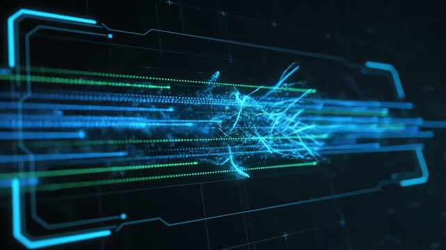 Abstract image featuring blue and green light trails with a dark background