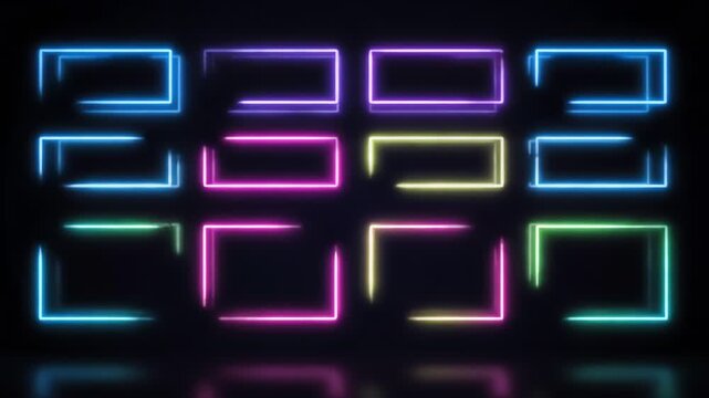 Abstract image featuring bright neon rectangles arranged in a grid pattern on black