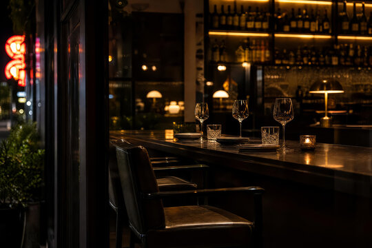 Night Bistro Bar Top Photographed In Golden Hour With Wide Editorial Composition