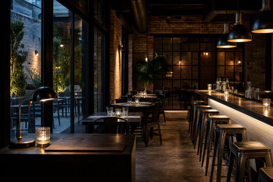 Warm Pendant Lit Industrial Loft Bar With Bright Interiors And Clean Ceramics