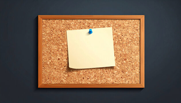 Blank cream-colored paper note pinned with a blue thumbtack on a wooden-framed corkboard against a dark grey wall