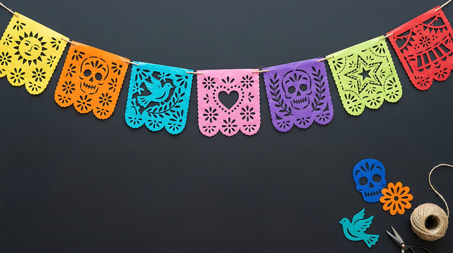 Colorful papel picado bunting on black background