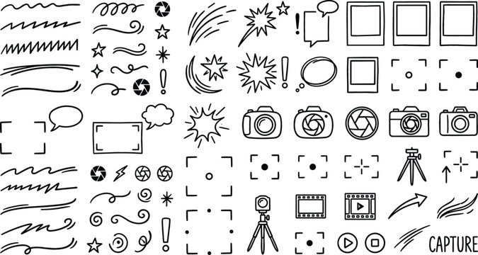 Hand Drawn Photography and Video Production Media Icon Set with Camera Symbols, Shutter Apertures, Viewfinder Frames, Instant Film Outlines, and Whimsical Flash Scribbles