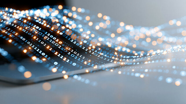 Bright digital transformation concept with light binary code streams and programming symbols flowing across a pale background system engineering software development coding