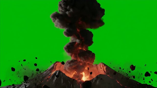 Volcanic eruption with lava and smoke on green screen