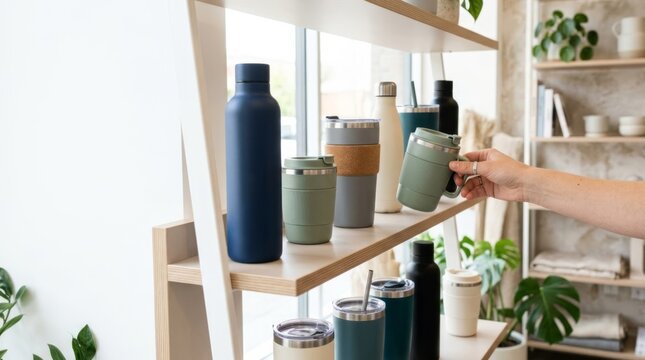 Assorted reusable travel mugs and bottles displayed on a retail store shelf