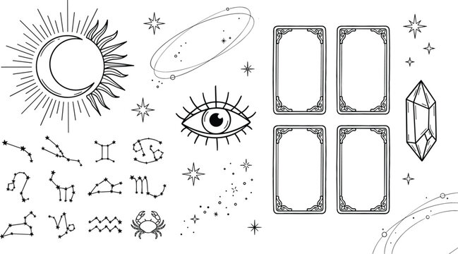 Mystical Astrology and Tarot Card Fortune Telling Vector Icon Set with Sun Moon Eclipse, Celestial Zodiac Constellations, All Seeing Eye, and Crystal Symbols