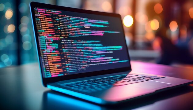 close up of colorful programming code on a screen with shallow depth of field and blurred laptop keyboard