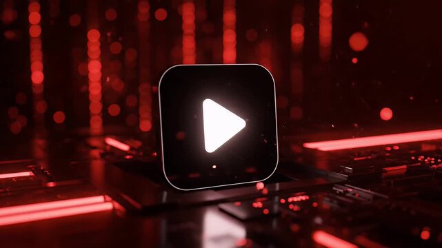 Glowing play button icon on a dark red digital background